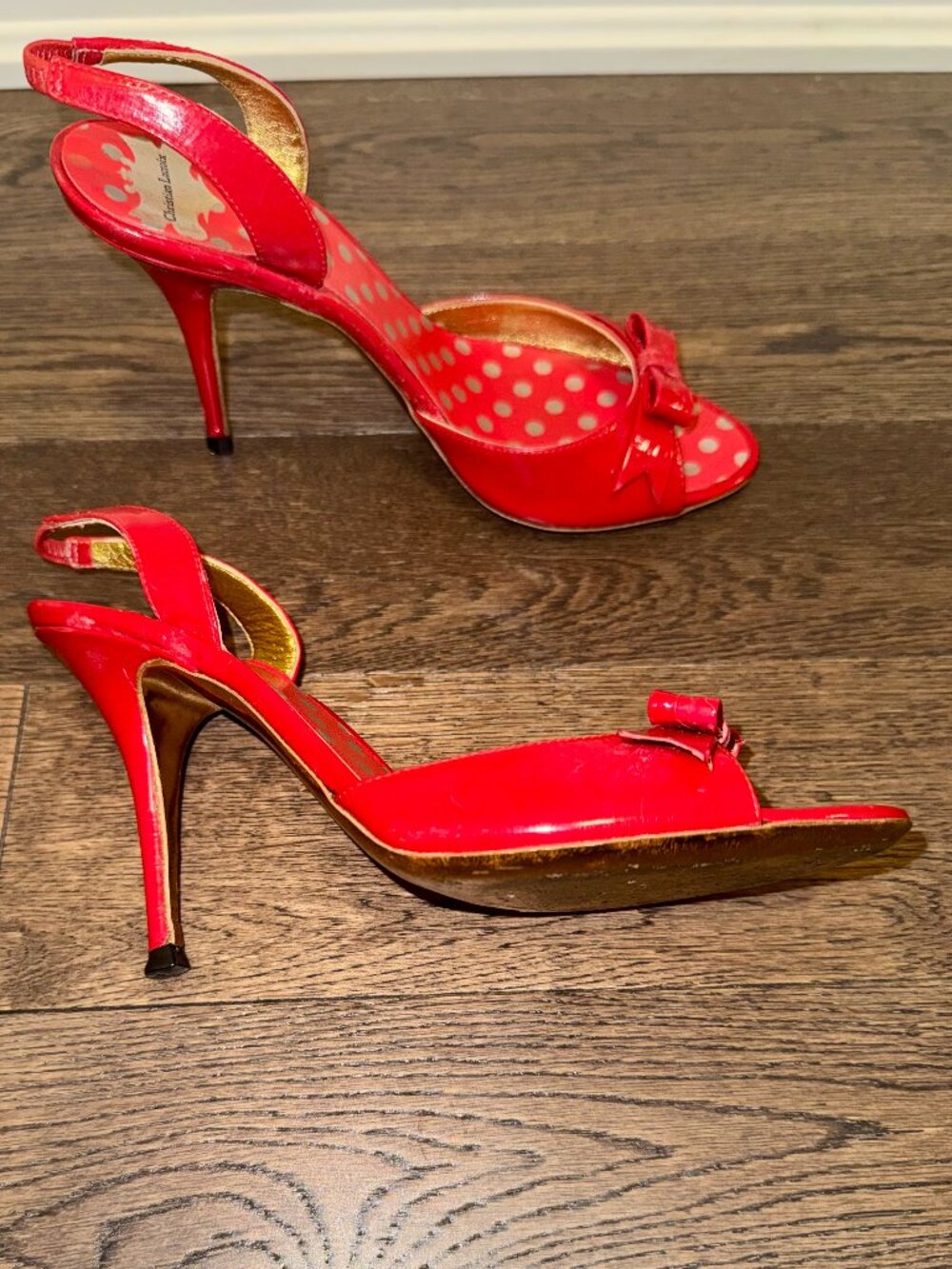Christian Lacroix Patent Red Leather Bow Accents Slingback Heels - Picture 2 of 10